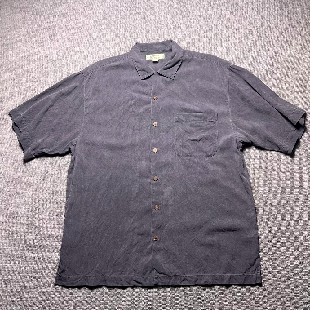 Tommy Bahama Mens Medium Gray Silk Chevron Herringbone Camp Button Up Shirt
